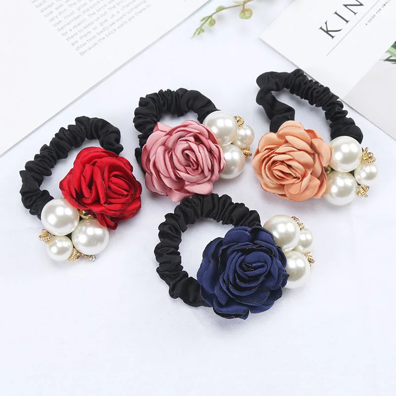 Fashion Rose Flower Hair Ropes For Women Elegant Big Imitation Pearl Elastic Hairband Scrunchies Hair Accessories Headdress