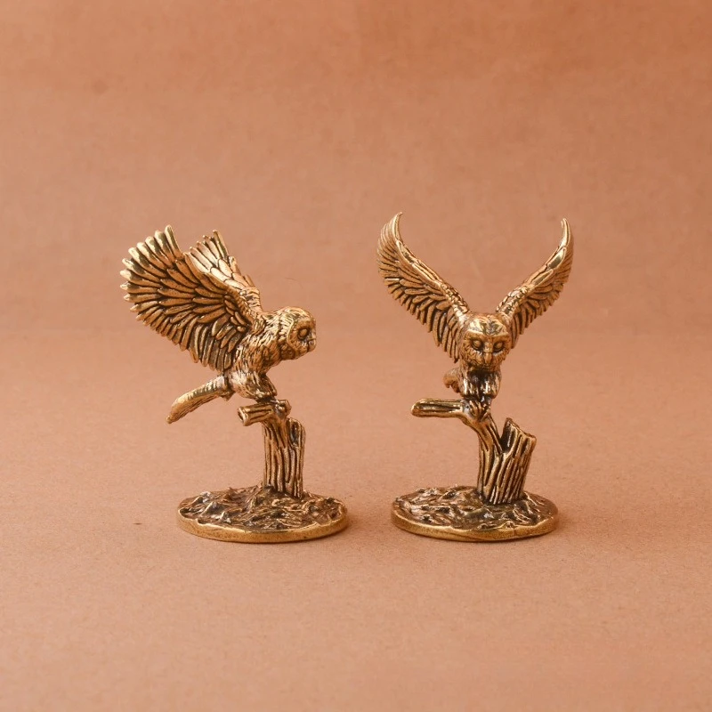 Antique Solid Brass Tree Owl Miniature Figurines Retro Metal Animal Figurine Desktop Ornament Office Home Decoration Accessories