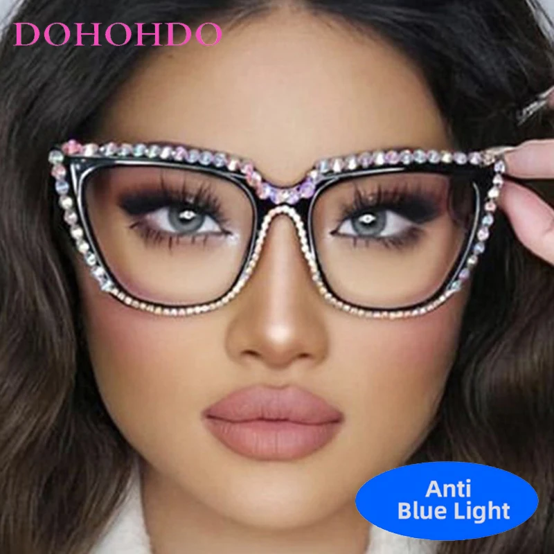 

Luxury Cat Eye Rhinestone Decorate Eye Protection Optical Women's Glasses Trendy Personality Brand Anti-Blue Light Games Eyewear