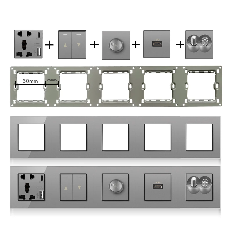 novski wall-mounted module diy European standard gray crystal glass panel socket switch button free combination function