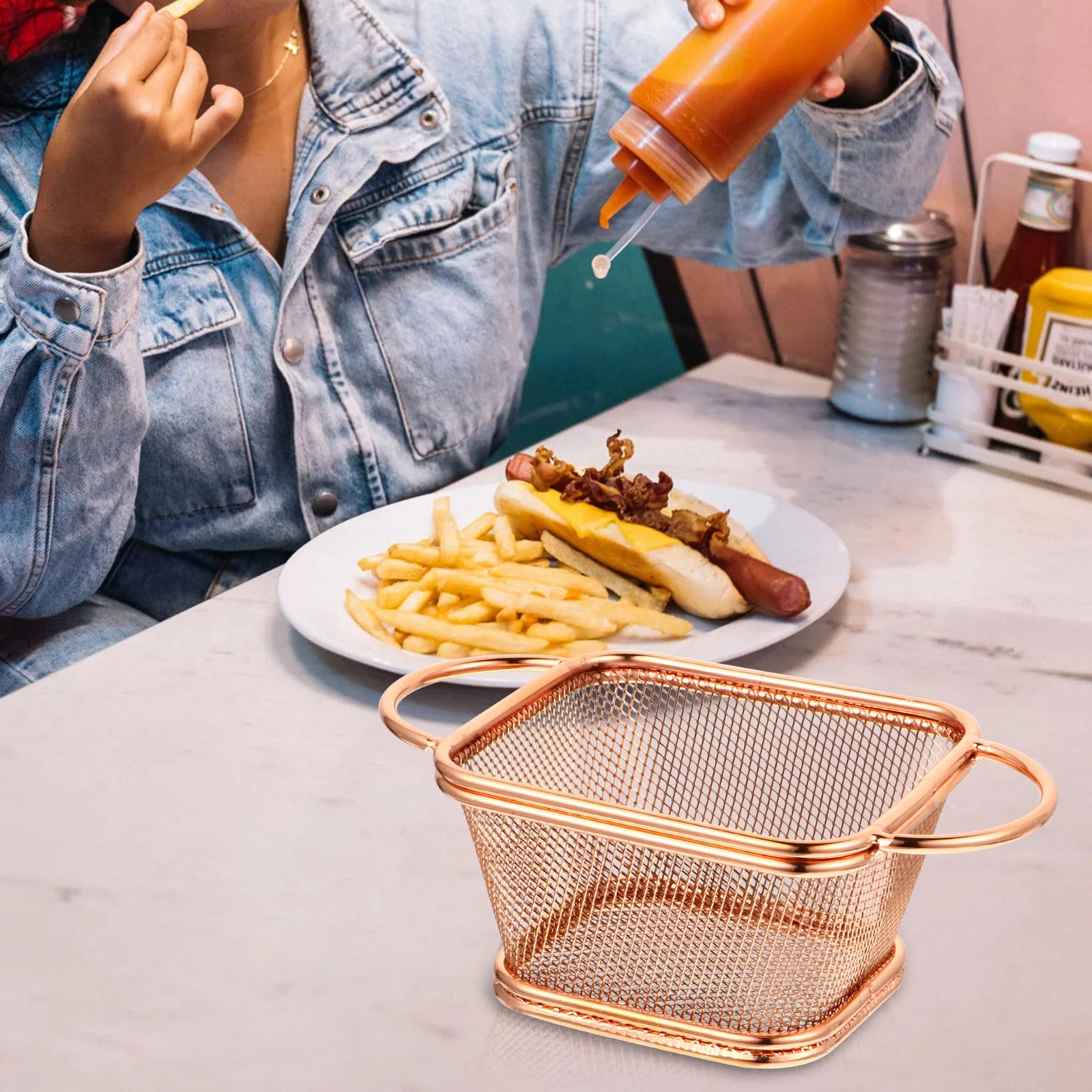 

Stainless Steel Deep Fry Basket Rose Gold Mesh Design For French Fries Wings Potatoes Frying Tool Dishwasher Safe Multi-Purpose