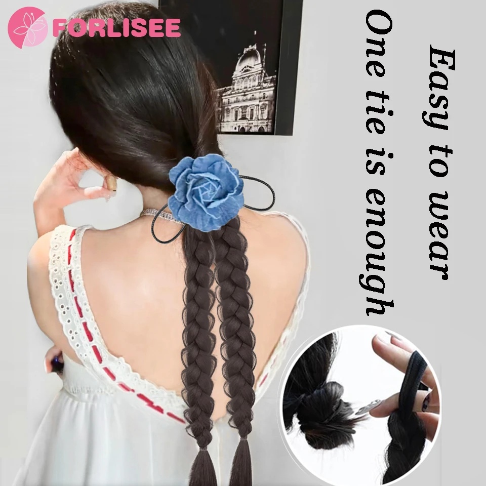 FORLISEE Wig Braid Romantic French Denim Rose Twist Braid Women's Natural Fashion Strappy Ponytail Wig