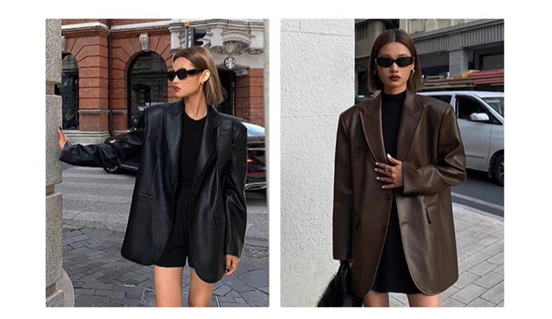 Lautaro Autumn Black Brown Soft  Pu Leather Blazer Women Shoulder Pads Long Sleeve Single Breasted Loose Casual Korean Fashion