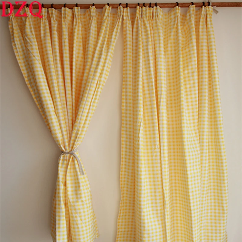 

Korea Sweet Yellow Lattice Curtains Rural Plaid Door Curtains Cloth Kitchen Hooks UP Semi-Blackout Window Curtains #A208