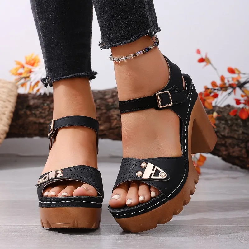 

Chunky Heel Slippers for Women Leather One Line Buckle Solid Comfort Casual Wedge Heel Sandals Versatile Shallow Mouth Shoes