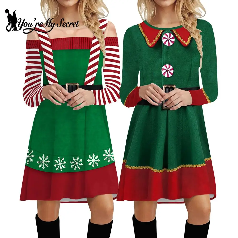 

[You're My Secret] Phantasy Elf Dress Women Christmas Dress Long Sleeved Gown Santa Claus Cosplay Costume Dress Up Carnival Robe