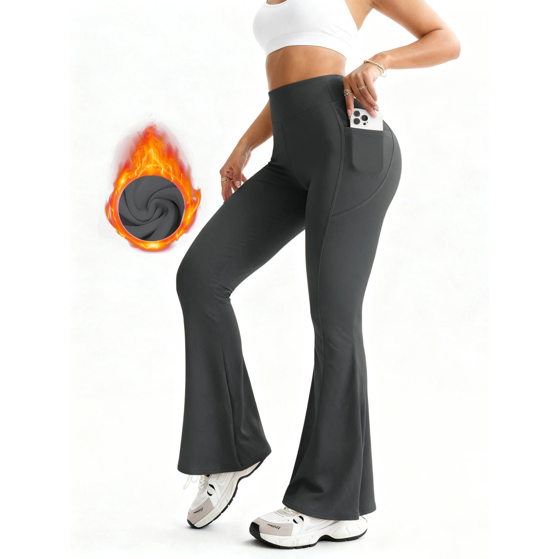 

Women Thick Flared Leggings Fleece Gym Fitness Workout Trousers Yoga Pant High Waist Warm Sports Tights with Pockets S-XL