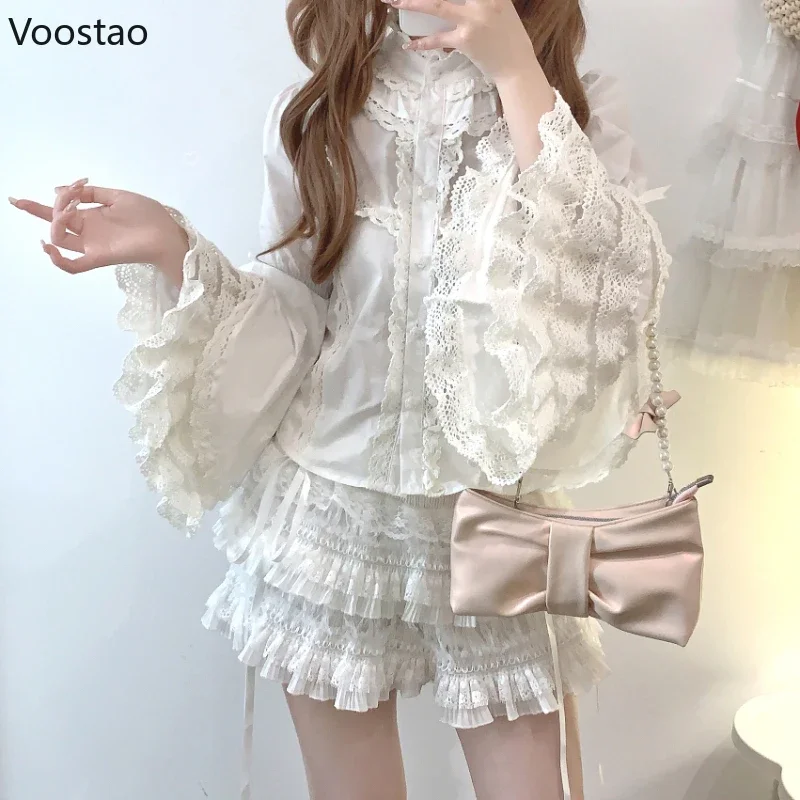 Victorian Elegant Lolita Shirts Women Harajuku Gothic Y2k Lace Ruffle Flare Sleeve Cotton Blouse Female Vintage Blusas Mujer Top