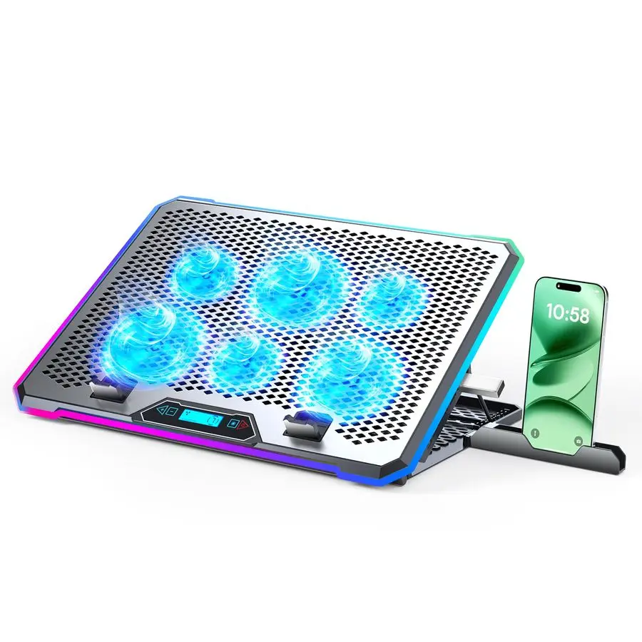 

Alloy RGB Gaming Laptop Cooler with 6 Fans and LCD Screen 10 RGB Modes Memory Function, 4 USB Ports 3.0 and 2.0 Hub, 9 Height Ad