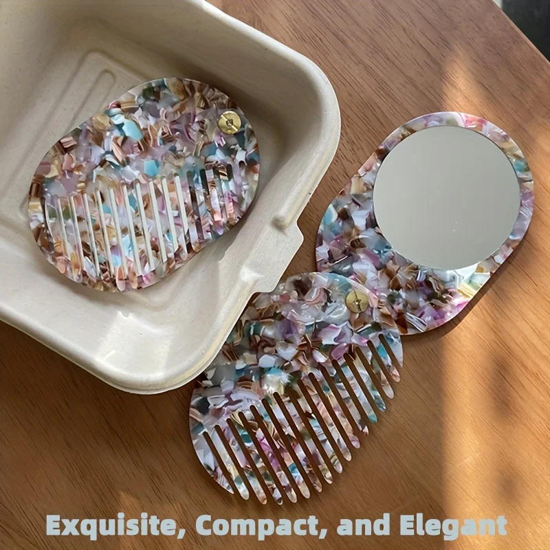 Portable Foldable Acetate Hair Comb with Built-in Mirror 2In 1 Travel Wide Tooth Detangling Comb Compact Elegant Marble Pattern