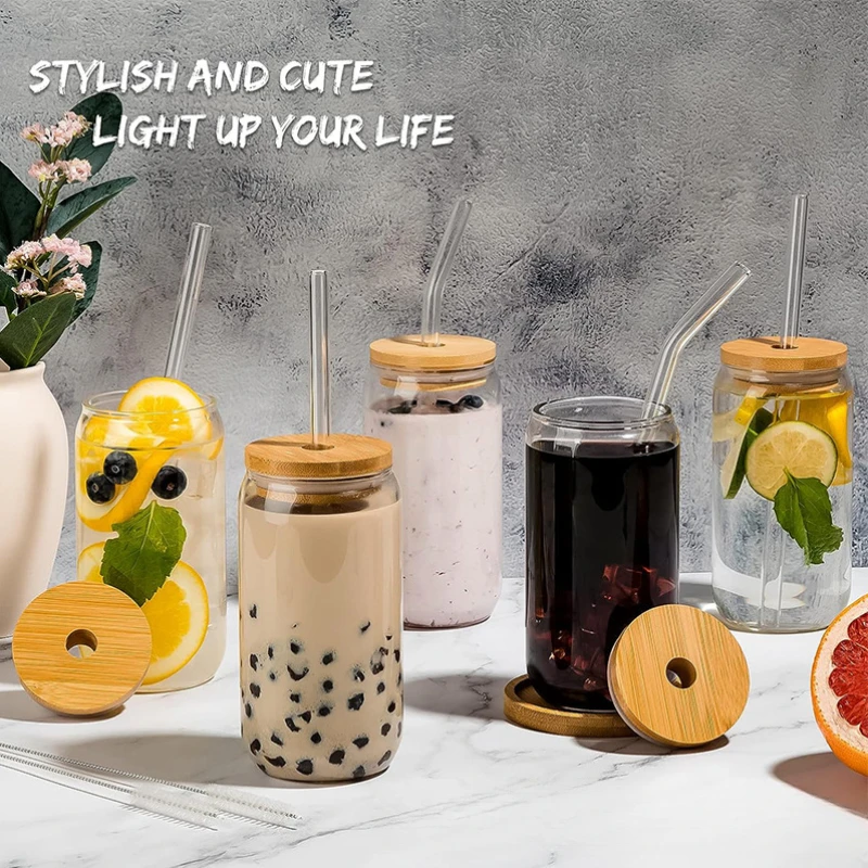 Glass Cups with Lids and Straws 16 Oz Glass Can Iced Coffee Cup with Bamboo Lids Drinking Glasses Tumbler Drinking Glassware