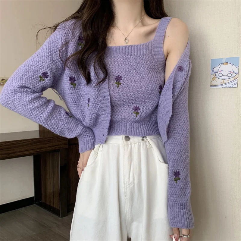 Ele Embroidered Two-Piece Set Knitted Sun Protection Open Cardigan Strap Vest Hollow out ort Faionable Top for Women