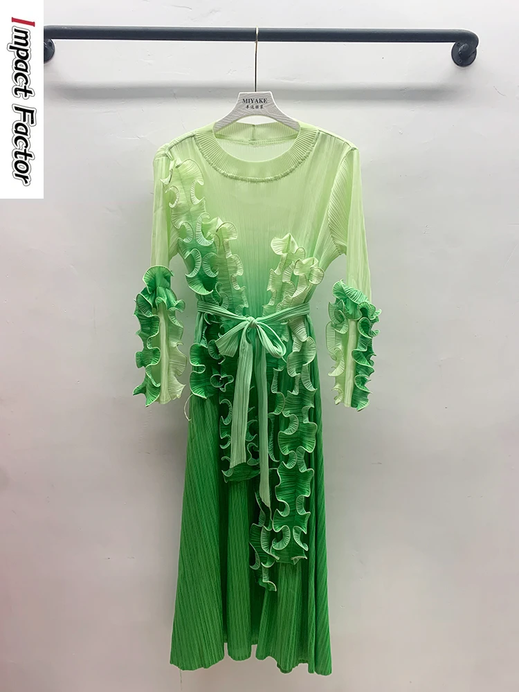

2024 New Pleated Dress Women Irregular Ruffles Spliced Design Belt Gathered Waist Solid Long Dresses Fashion