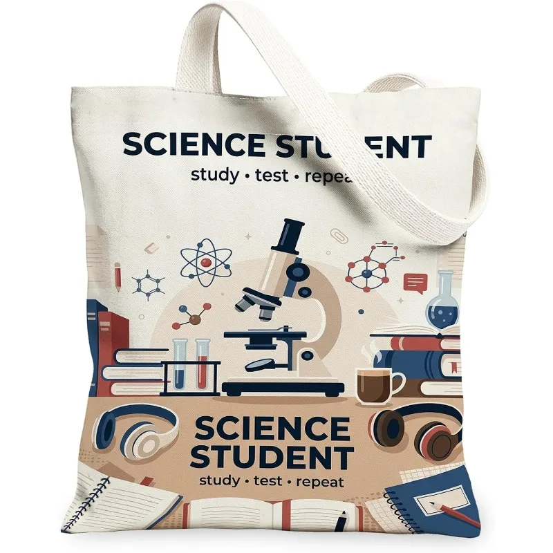 Science Student Print Canvas Tote Bag Microscope Lab Equipment Study Test Repeat Reusable Shoulder School Handbag