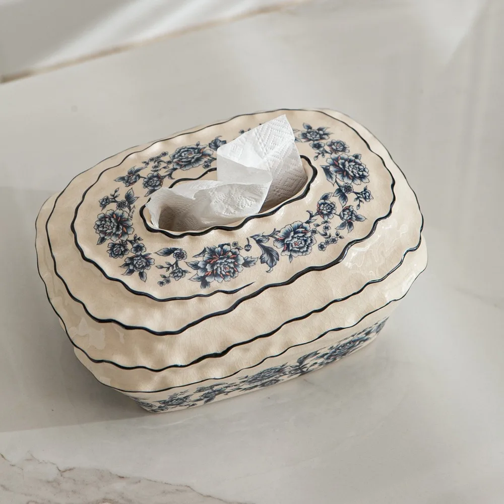 Vintage European Ceramic Tissue Box, Creative Stripe & Floral Design Napkin Holder, Home Decor Tabletop Storage for Living Room view 2