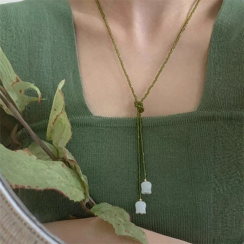 Olive Crystal Beads White Lily Of The Valley Double Layer Wrapped Necklaces For Women Various Wearing Methods Pendant Подвеска