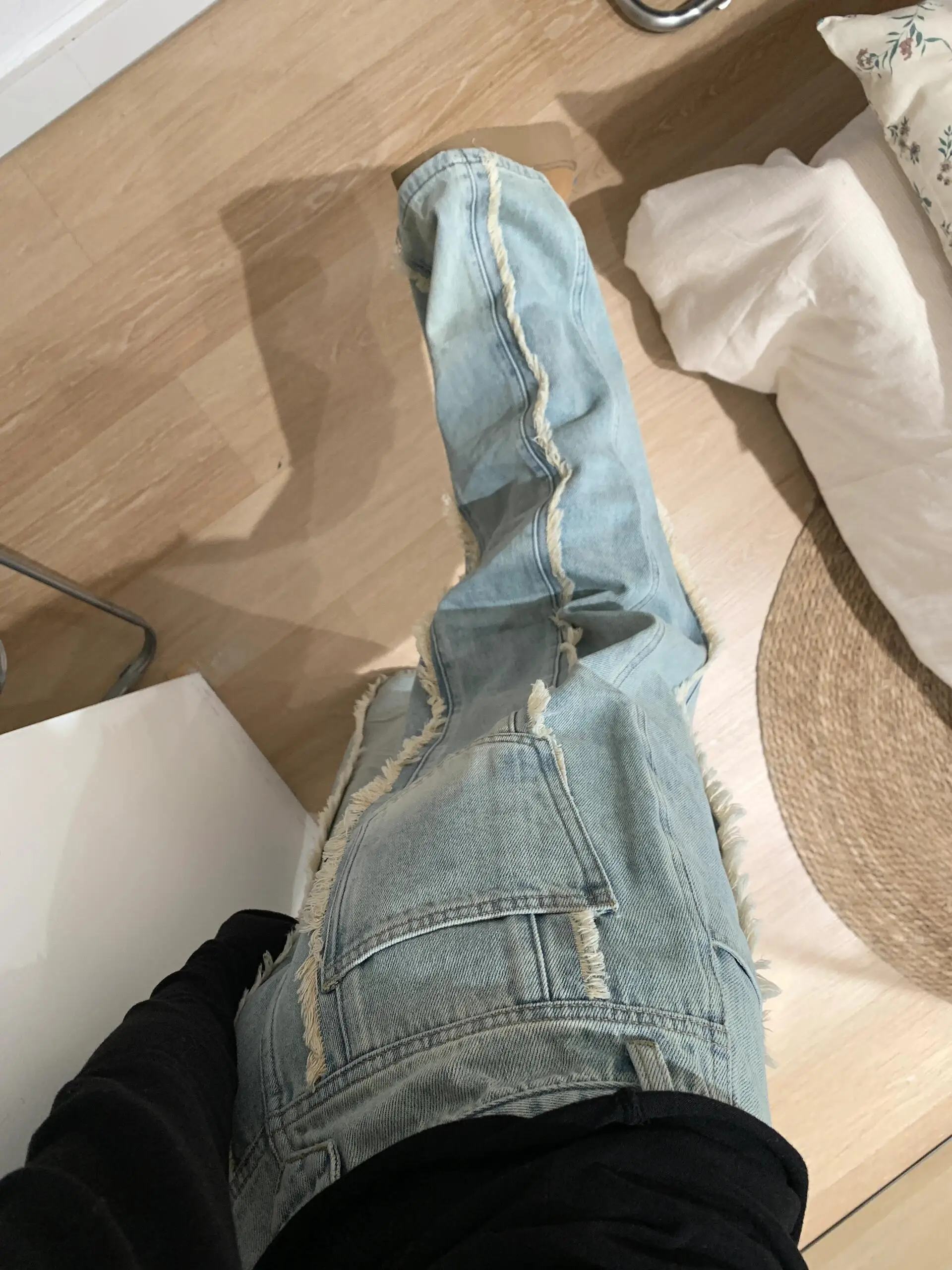 

Широкая рабочая одежда с высокой талией, джинсовые брюки, женские осенне-зимние дизайнерские джинсы с бахромой и ножом