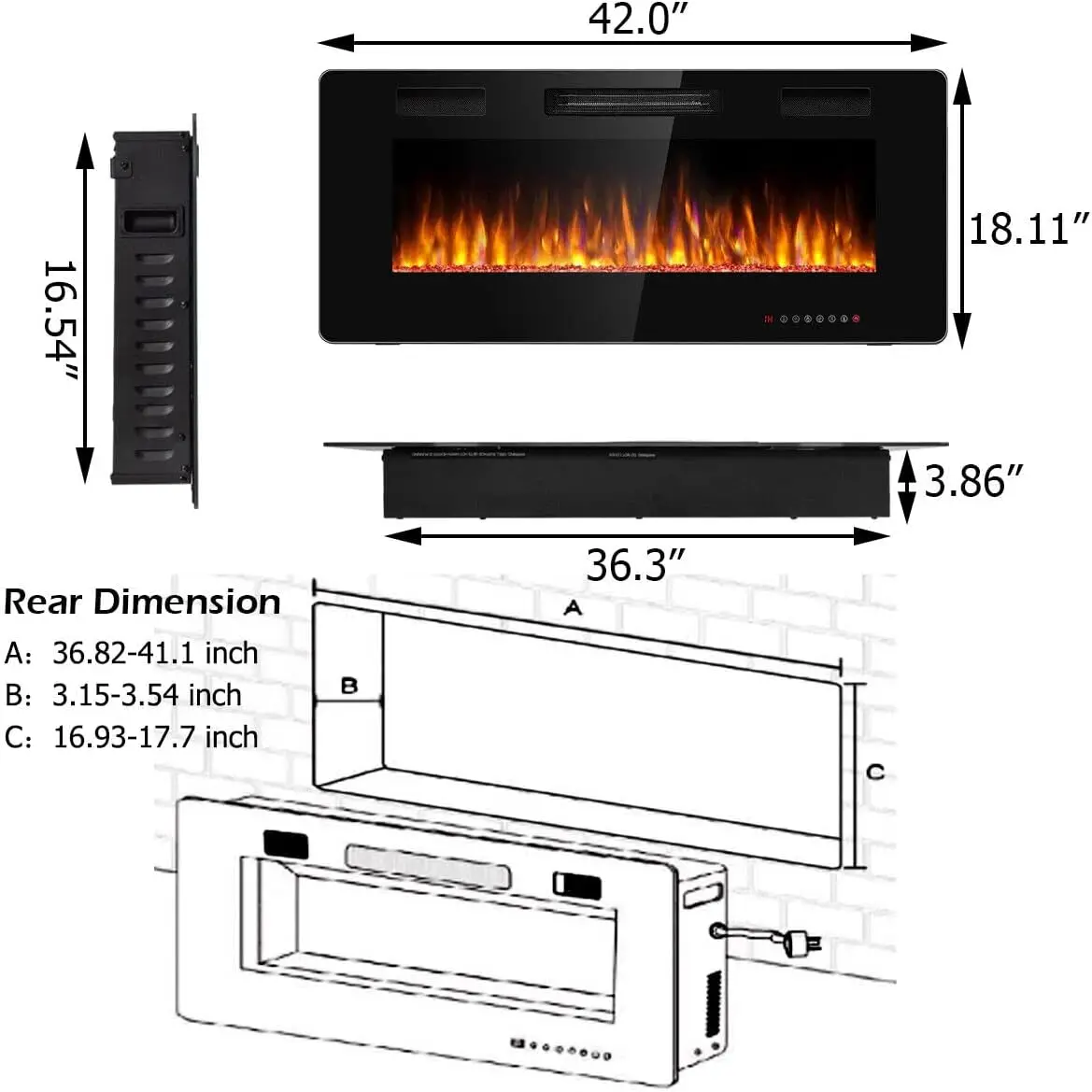 Plus riche kula-Cheminée encastrée, chauffage mural et mural, vitesse de document de flamme réglable, 42 po