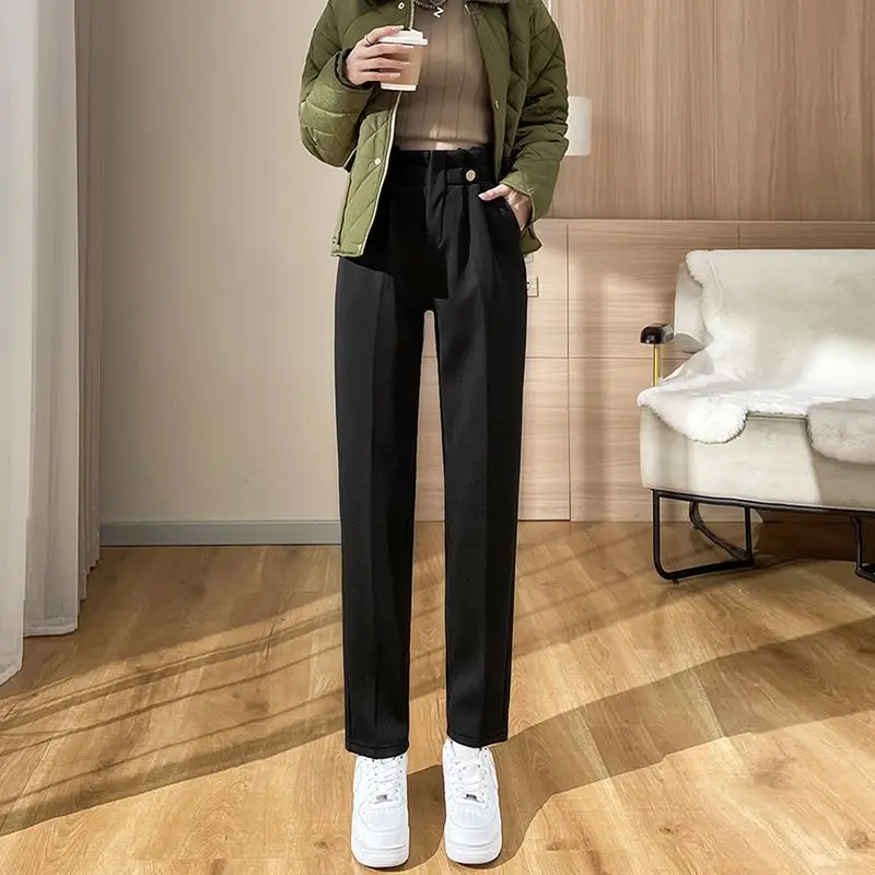 Spring and Autumn Women's Solid Color Elastic Slim Plus Size Halun Pants High Waist Pockets Button Fashion Casual Trousers