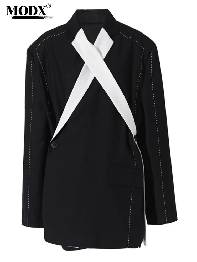 

[MODX] Black Cross Topstitched Blazer Women Big Size New Lapel Long Sleeve Jacket Fashion Tide Spring Autumn 2024