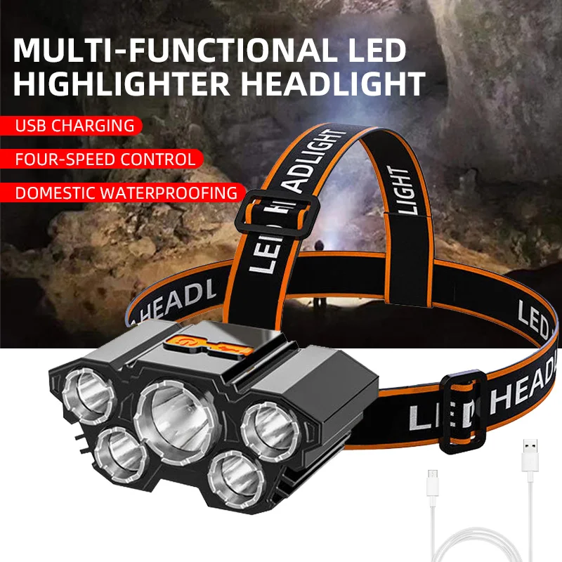 

D2 5LED Headlamp Rechargeable Built in 18650 Battery Strong Light Headlight Camping Adventure Fishing Head Light Flashlight Lamp