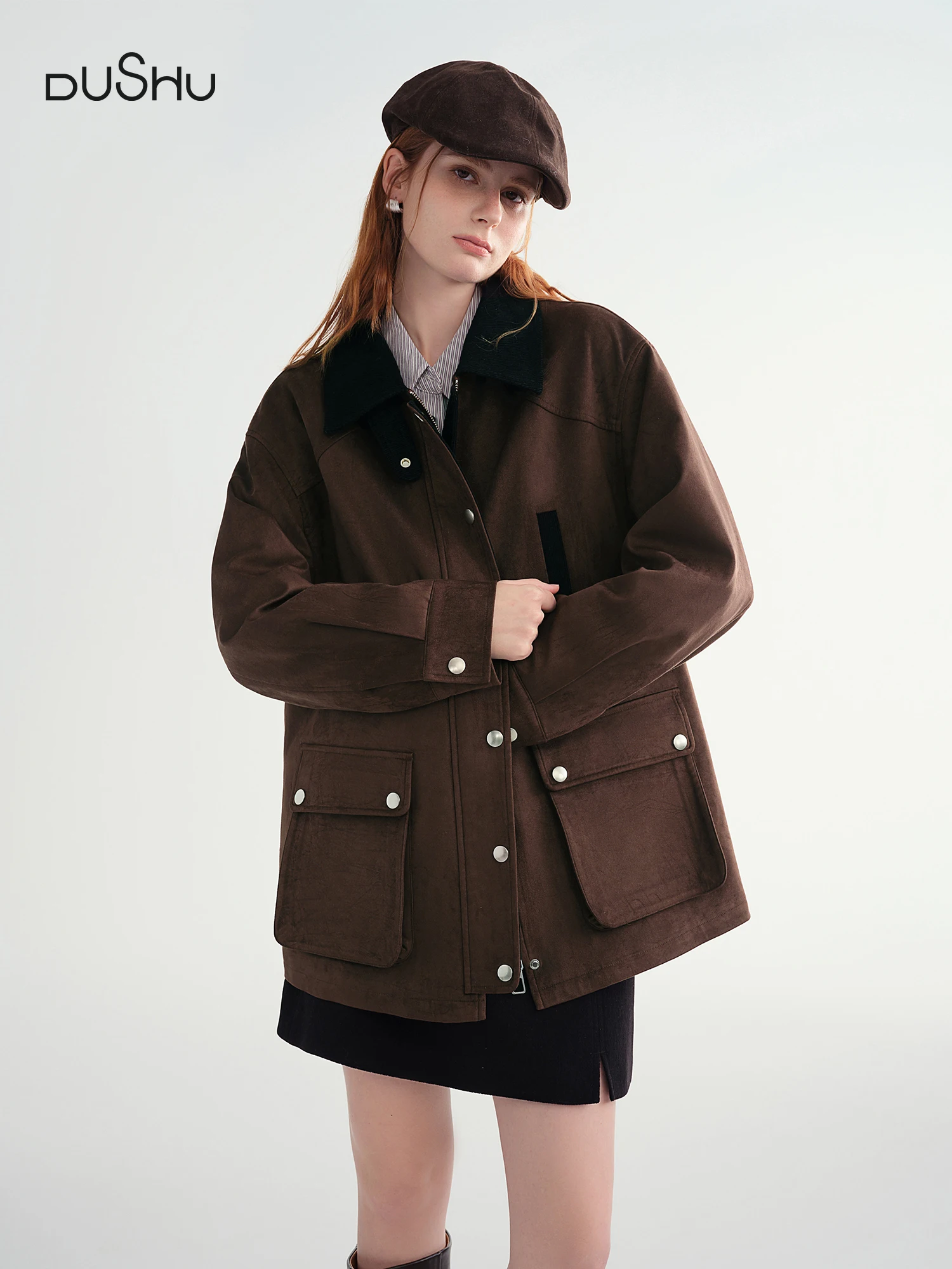 

DUSHU Contrast Color Cropped Jacket Turn Down Collar Loose Autumn and Winter Jacket British Style Retro Coffee Chic