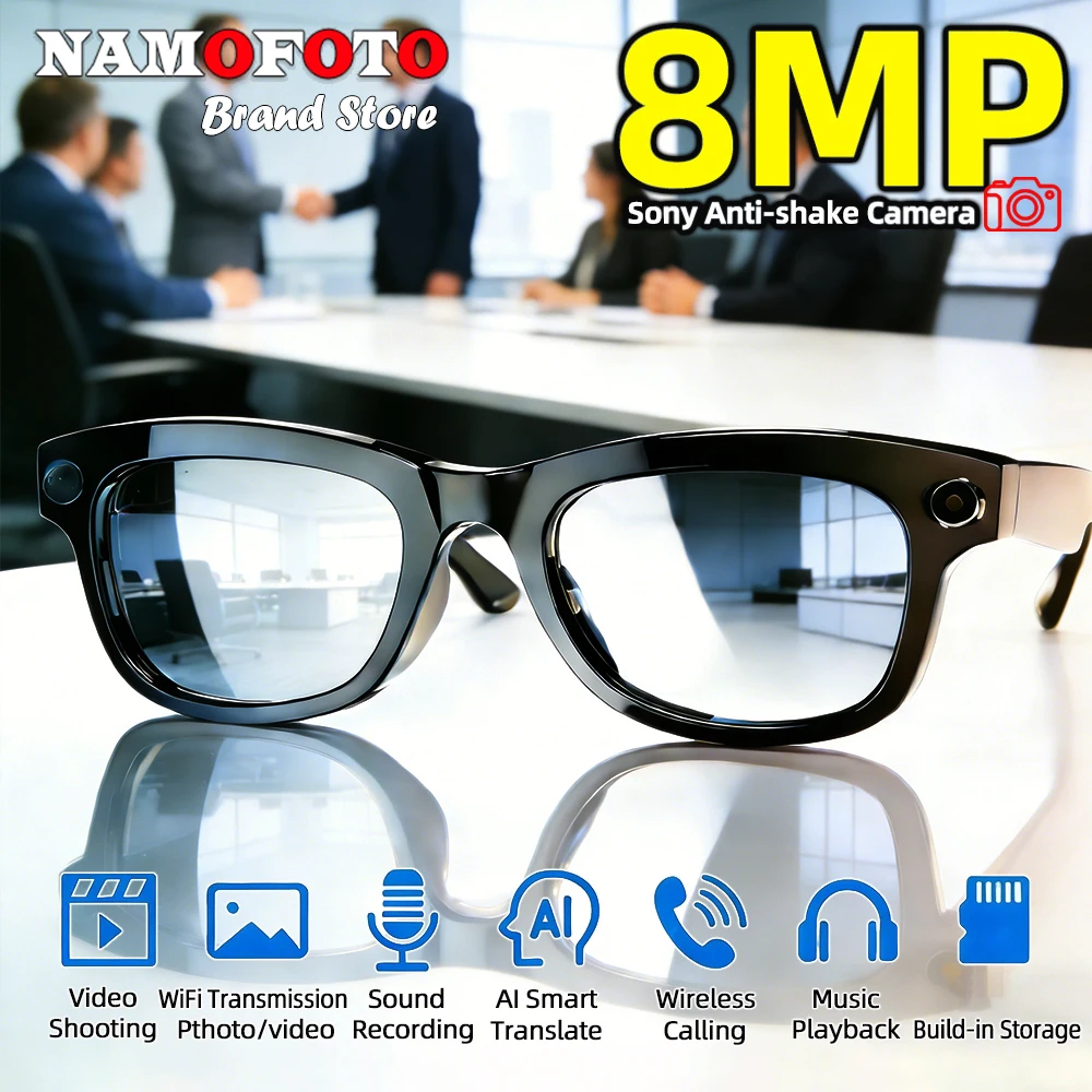 

2026 New AI Smart Glasses 8MP HD Camera 1080P Video Voice Record Real-time Translation Music Play BT Call Sunglasses Men Women