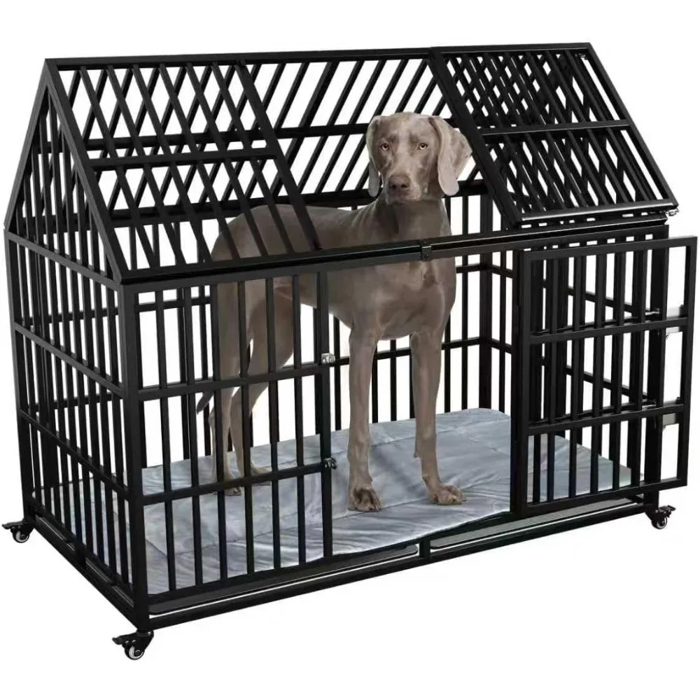 

54 inch Heavy Duty Indestructible Dog Crate with Mat,with Lockable Wheels, Large Crate Indoor for Large Dog with Removable Tray