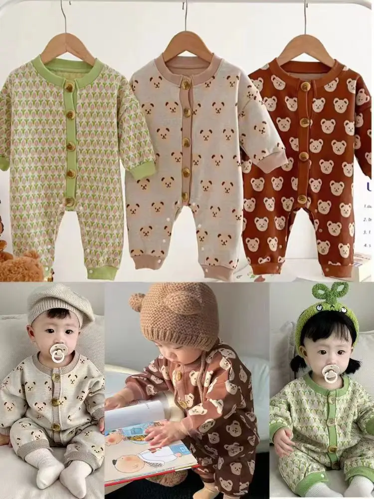 

2023 Korean Newborn Baby Boys Girls Autumn Winter Bear Cotton Long Sleeve Jumpsuit Clothes 0-12 Months Outerwear Bodysuits