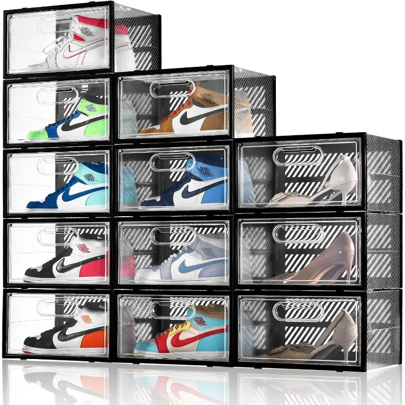 Shoe Organizer Storage Boxes for Closet 12 Pack, Side Open Clear Plastic Stackable Shoe Storage Bins with Lids,Shoe Storage