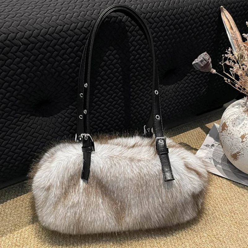 Women Faux Fur Shoulder Bag Winter Plush Underarm Bag Adjustable PU Leather Strap Ladies Soft Fluffy Handbag for Daily Party