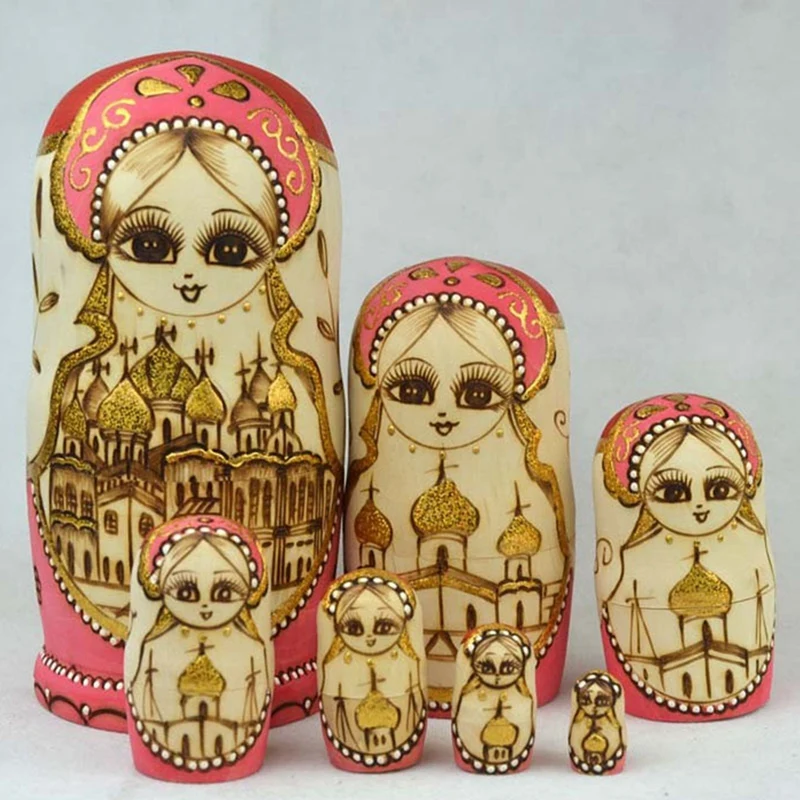 7PCS Matryoshka Dolls Nesting Dolls Handmade Cute Wood Russian Nesting Doll DIY Castle Cute Nesting Dolls