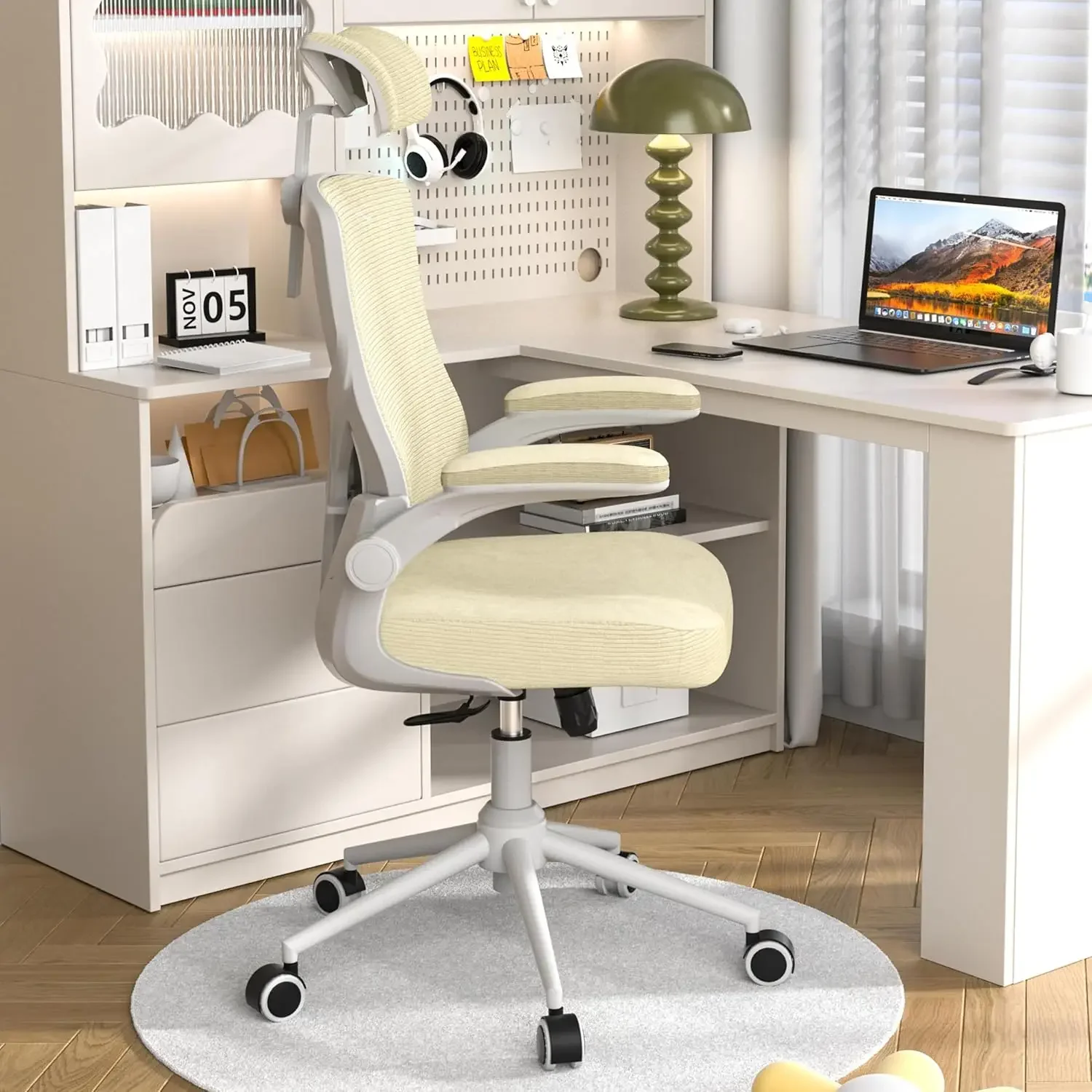 

Ergonomic Mesh Desk Chair, High Back Computer Chair- Adjustable Headrest with Flip-Up Arms, Lumbar Support(Modern, Beige)