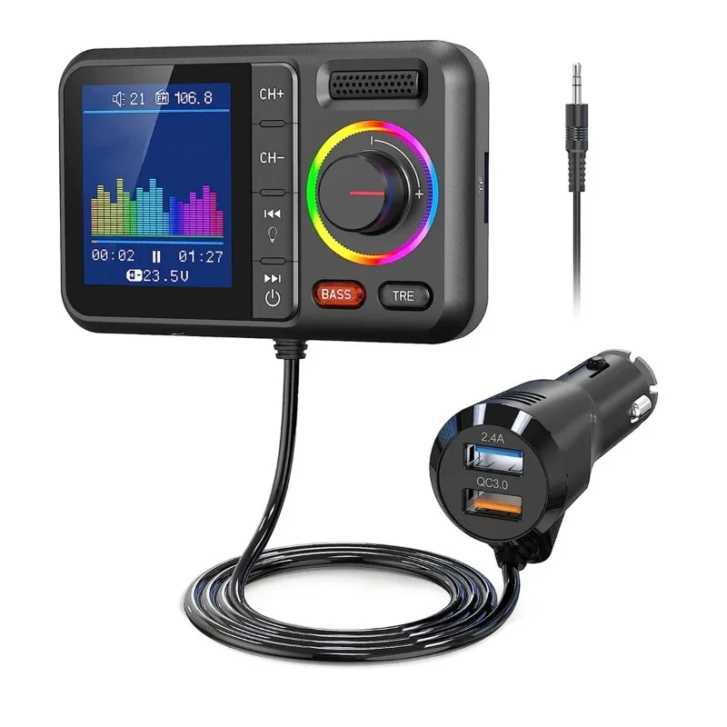 Drahtloser FM-Transmitter mit großem Farbbildschirm 2,4 A QC3.0 Dual USB Schnellladung Freisprechanruf Auto AUX Adapter MP3-Musik-Player
