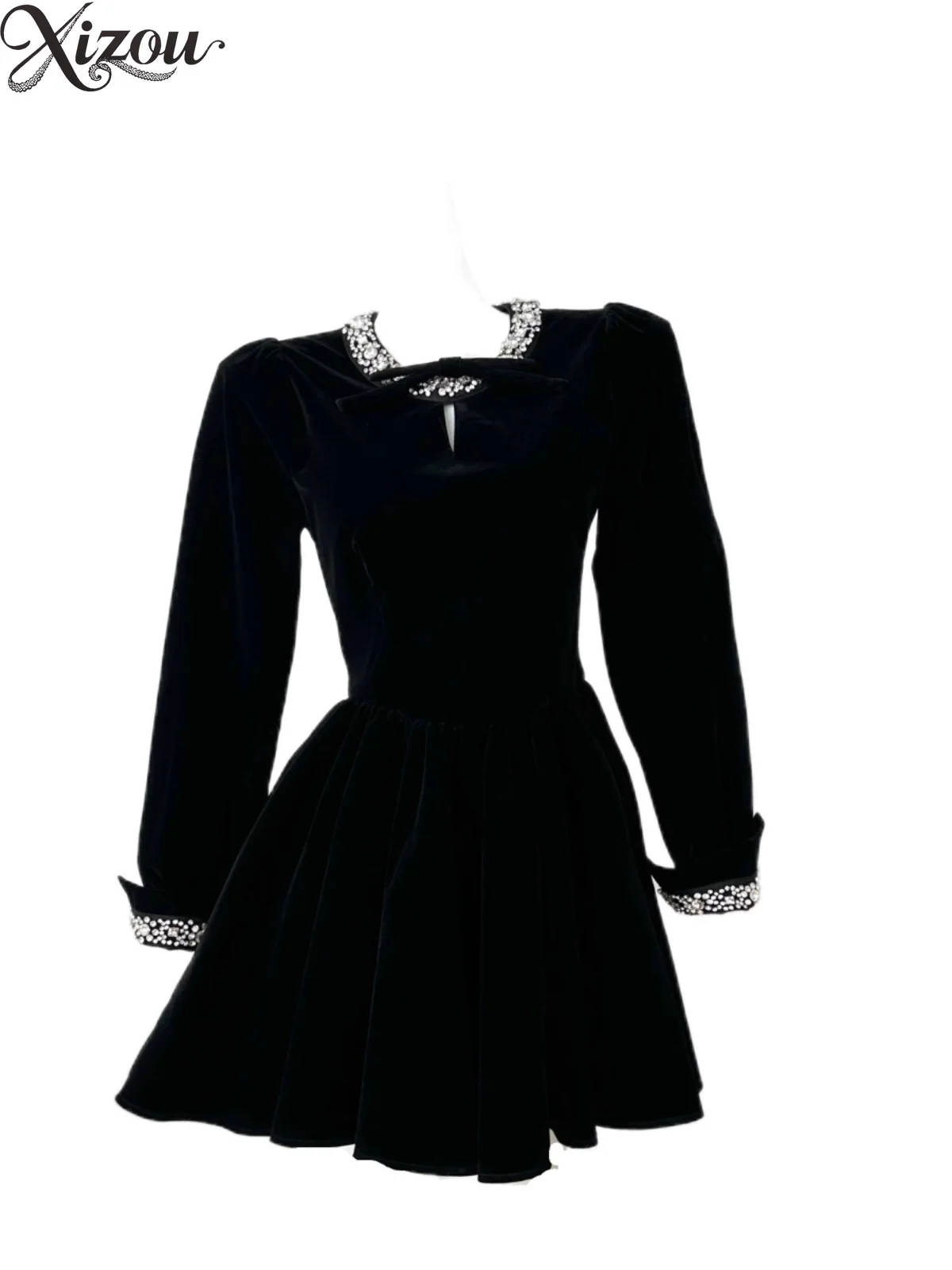 

Y2K Women's Slim Fit High Waist Velvet Drilled Bubble Long Sleeve Dresses A-line High-end Short Mini Small Black Dress 2025