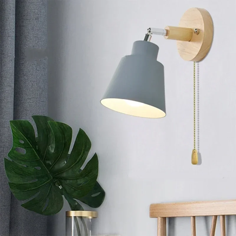 Nordic wooden wall lights with Zipper switch sconce modern  lamp bedroom bedside  macaroon   Freely rotatable