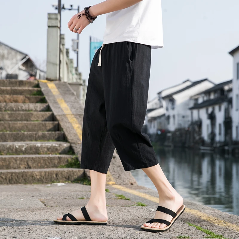 

Men's Summer Thin Ice Silk Linen orts Knee-Length Beach Cotton Linen Loose Eight-Point Pants Straight Leg Casual Trousers