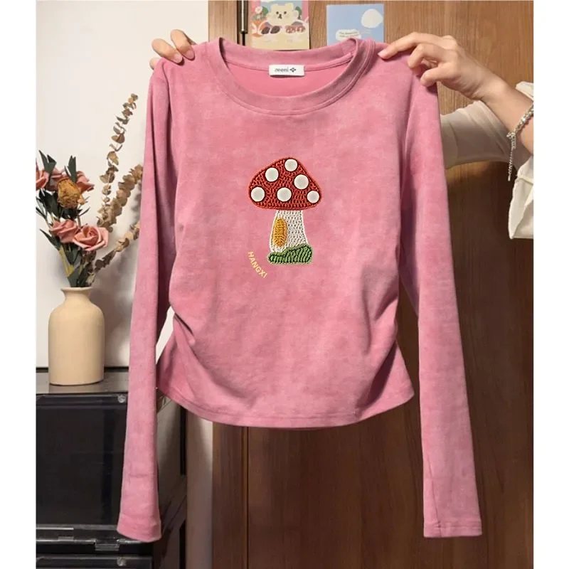 Women Tie Dye Mushroom Embroidery Long Sleeve T Shirt Slim Fit Curved Hem Shoulder Casual Tops Spring Autumn S 4XL