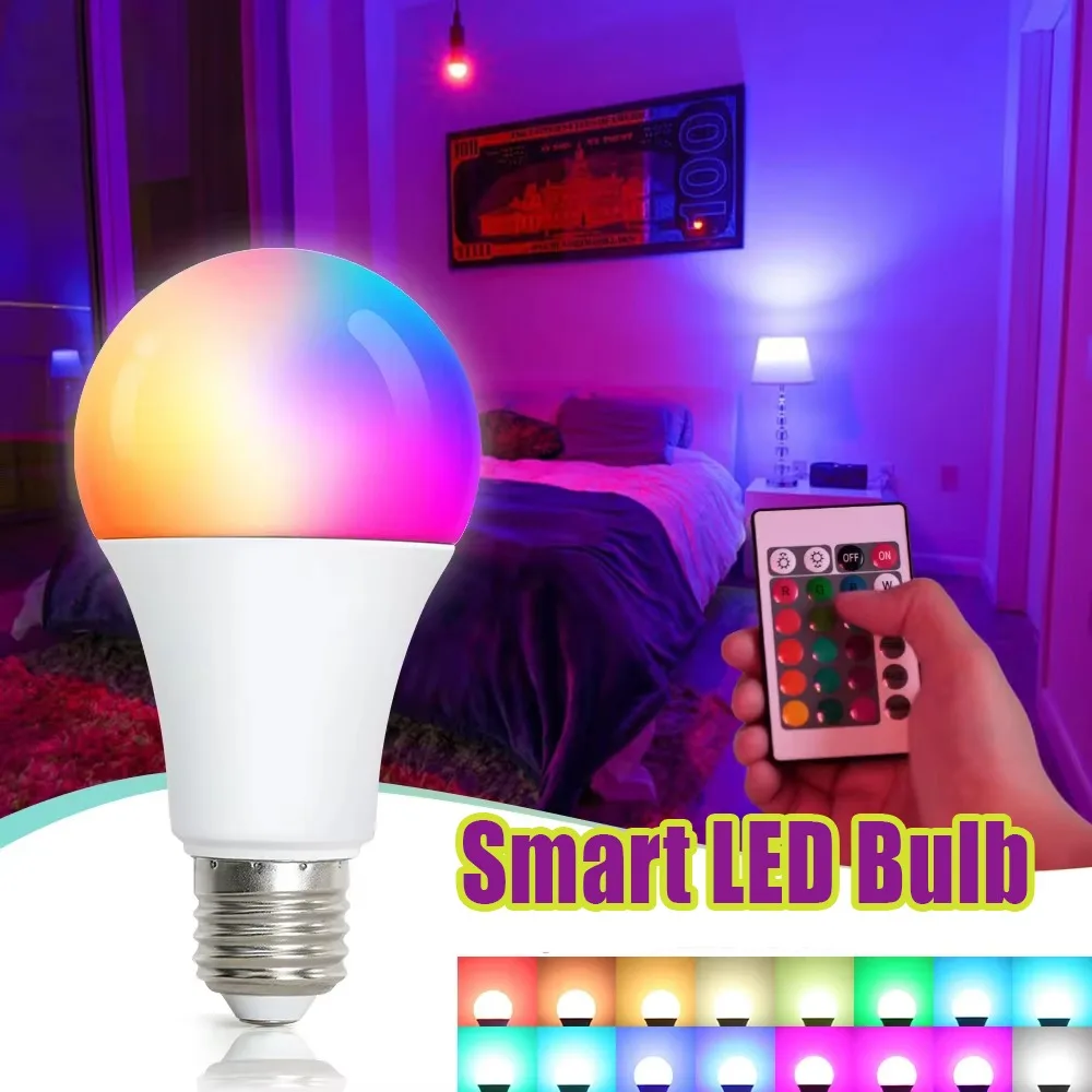 16 Colors RGB Bulb LED Multicolor Bulb E27 220V Household Lighting Dimmable 24 Key Remote Control Smart Lamp Atmosphere Light