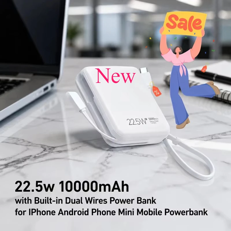 10000mAh Power Bank, 22.5W Super Fast Charging Portable Charger, Mini Mobile Powerbank Built‑in Dual Wires for IPhone Android
