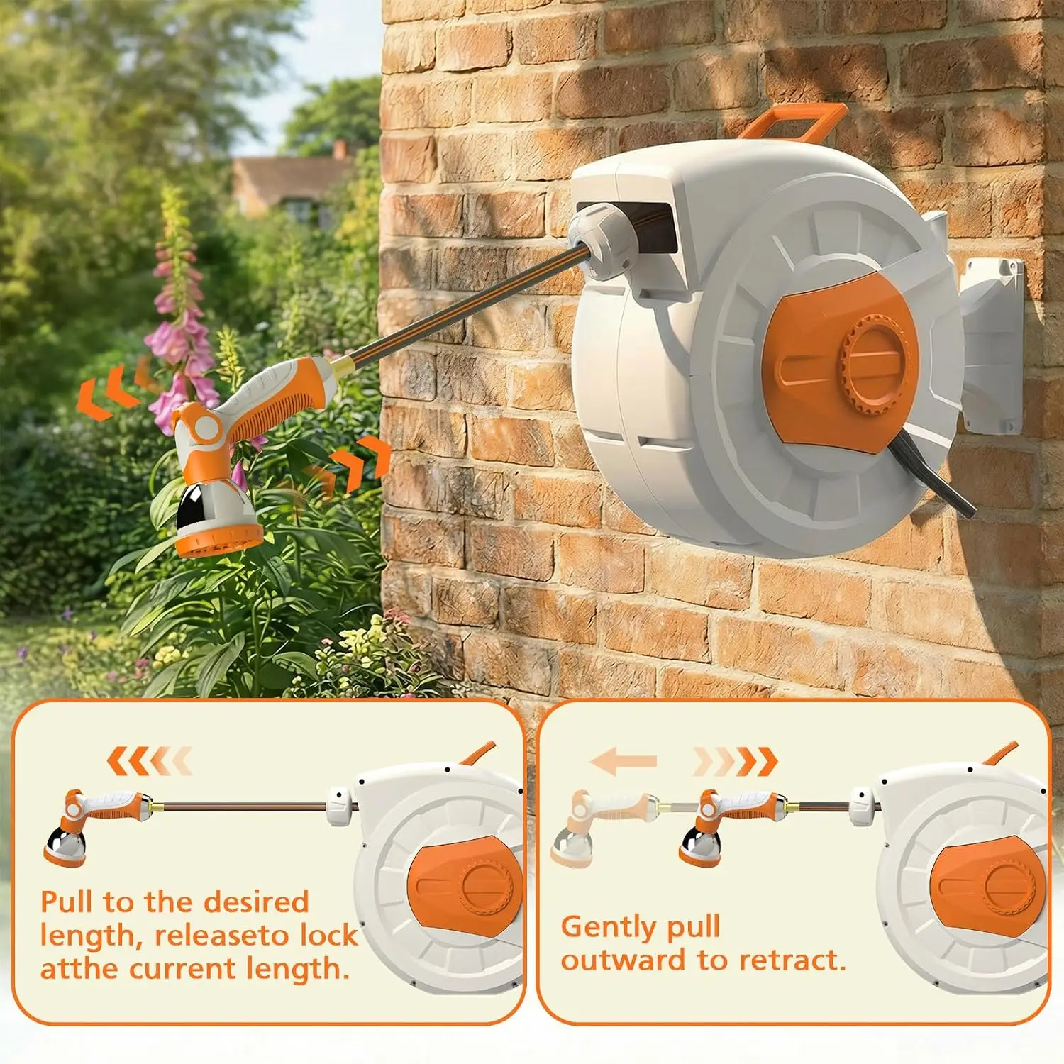 Garden Hose Reel 100ft, Wall Mounted Retractable Water Hose Reel With 180 Degree Swivel Bracket, Heavy Duty Automatic Roll Up Hose Organizer, Ten Pattern Spray Nozzle For Yard Car Washing view 5
