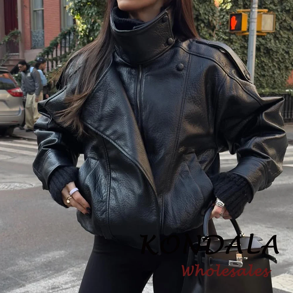 

KONDALA Vintage Woman Solid PU Cool Fashion 2025 Streetwear Jacket Zipper Long Sleeve High Street Pocket Female Loose Jackets