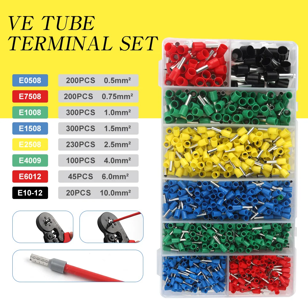

670-2120PCS VE Tube Terminal Kits Copper Crimp Connector Insulated Wire Ferrule Terminals Boxed Set Multiple Color For Wire End