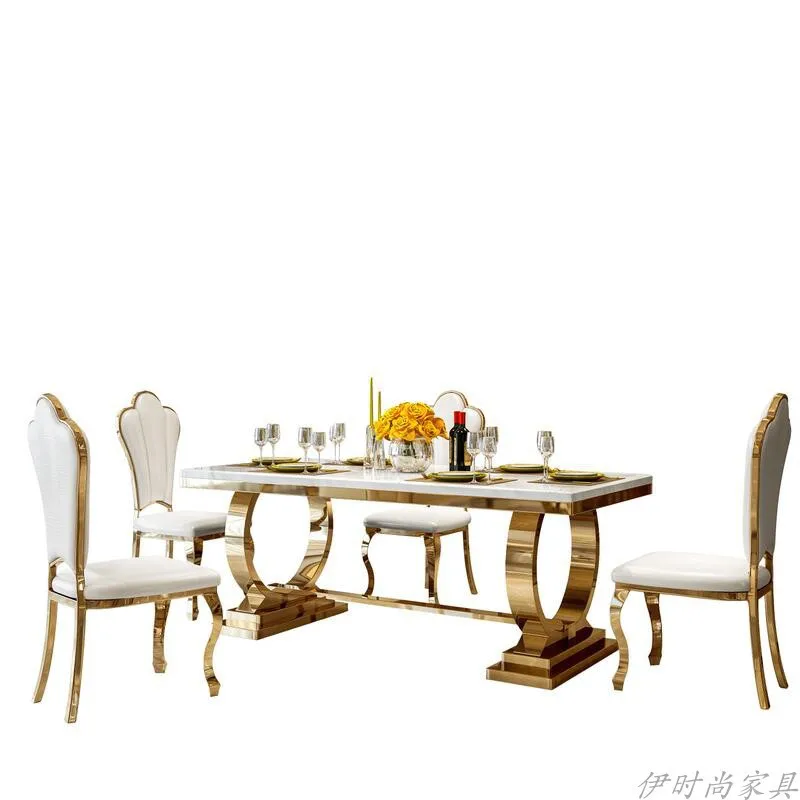 

Light luxury marble dining table large and small apartment dining table stainless steel rectangular bright rock slab dining tabl