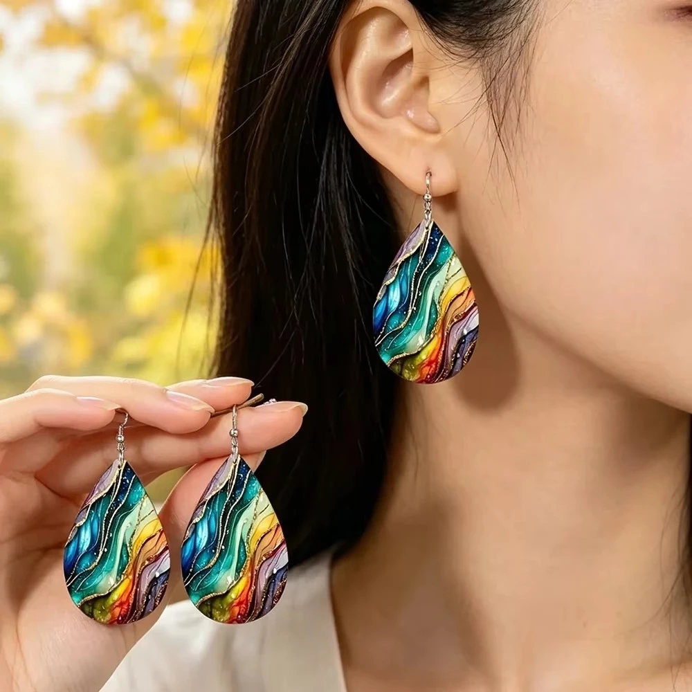 Exaggerated Double Sided Wooden Earrings Plants Trees Water Ripple Bohemian Daily Party Fashion Jewelry
