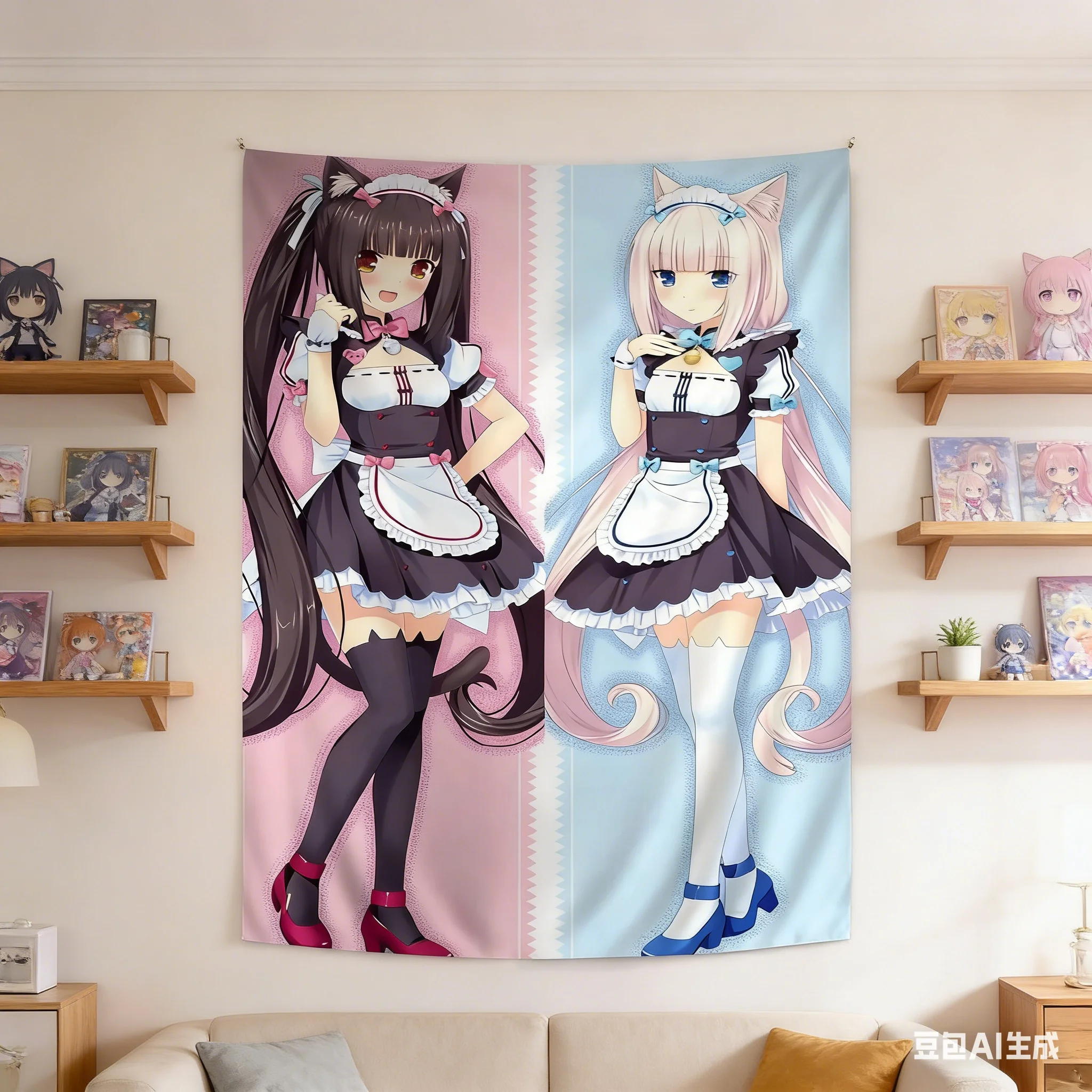 1 Stück Kawaii Neko Maid Anime Wandteppich, Polyester 2D-Druck, Pastellrosa Blau Ästhetische Raumdekoration, Trendiger Wandbehang fürs Bett
