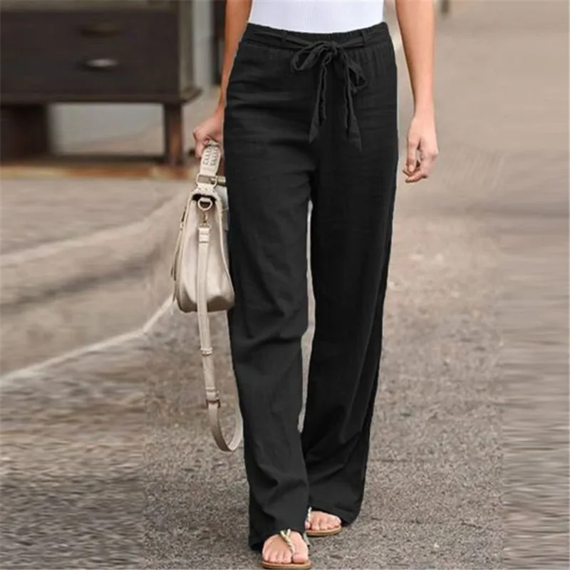 Lace-up Straight Office Ladies Pants Elastic Waist Solid Autumn Cotton Linen Pant Casual Long Retro Fashion Normcore Trousers