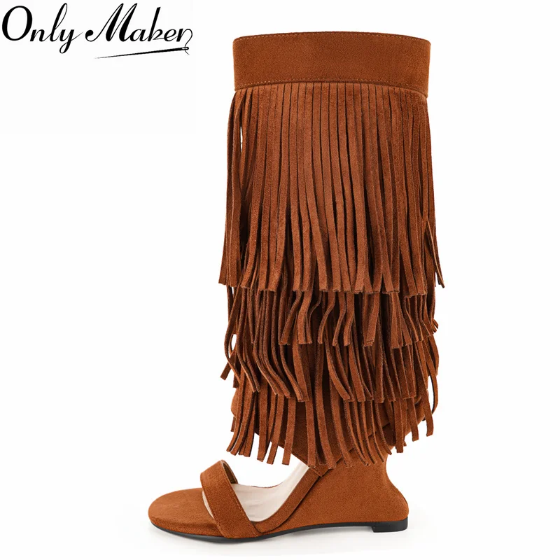 Onlymaker Brown Fringe Knee High Sandal Boots Side Zipper Single Strap Open Toe Unique Wedge Heel Faux Suede Sandals Boots