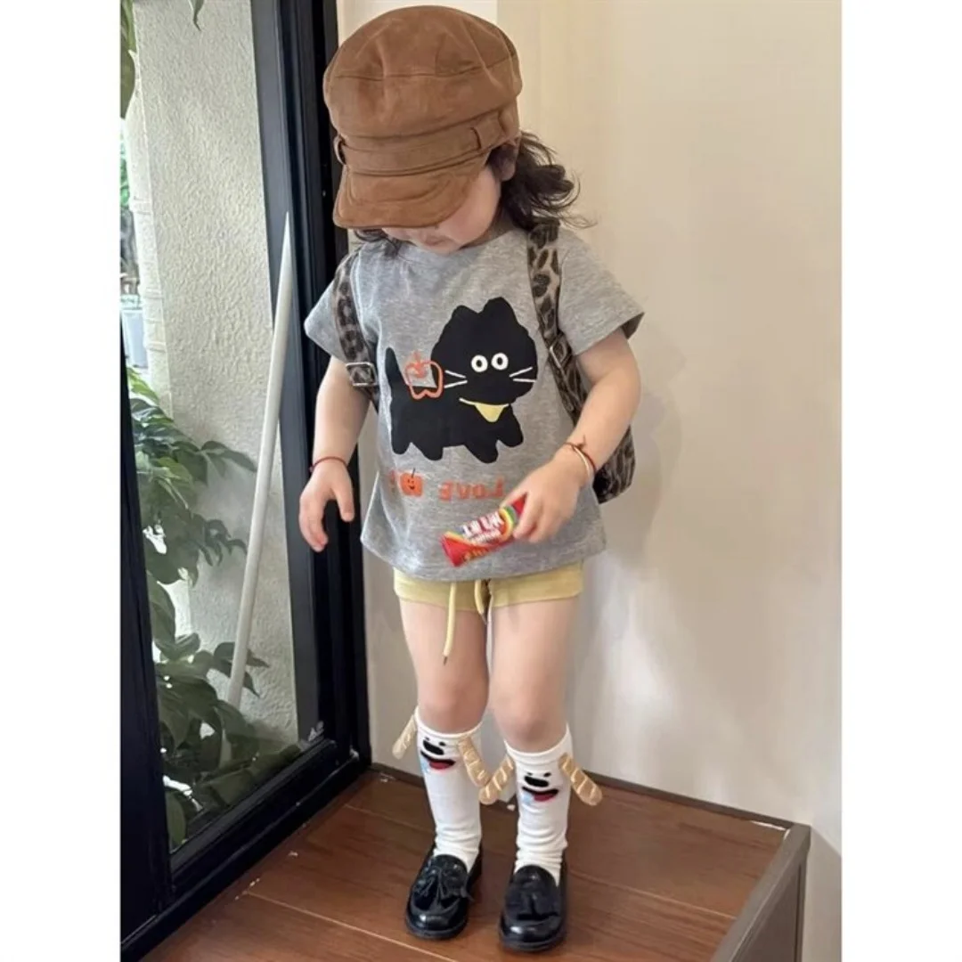 

Летние футболки с короткими рукавами с кошачьим принтом для девочек и мальчиков, милые топы с мультяшным принтом для малышей, модная детская одежда.