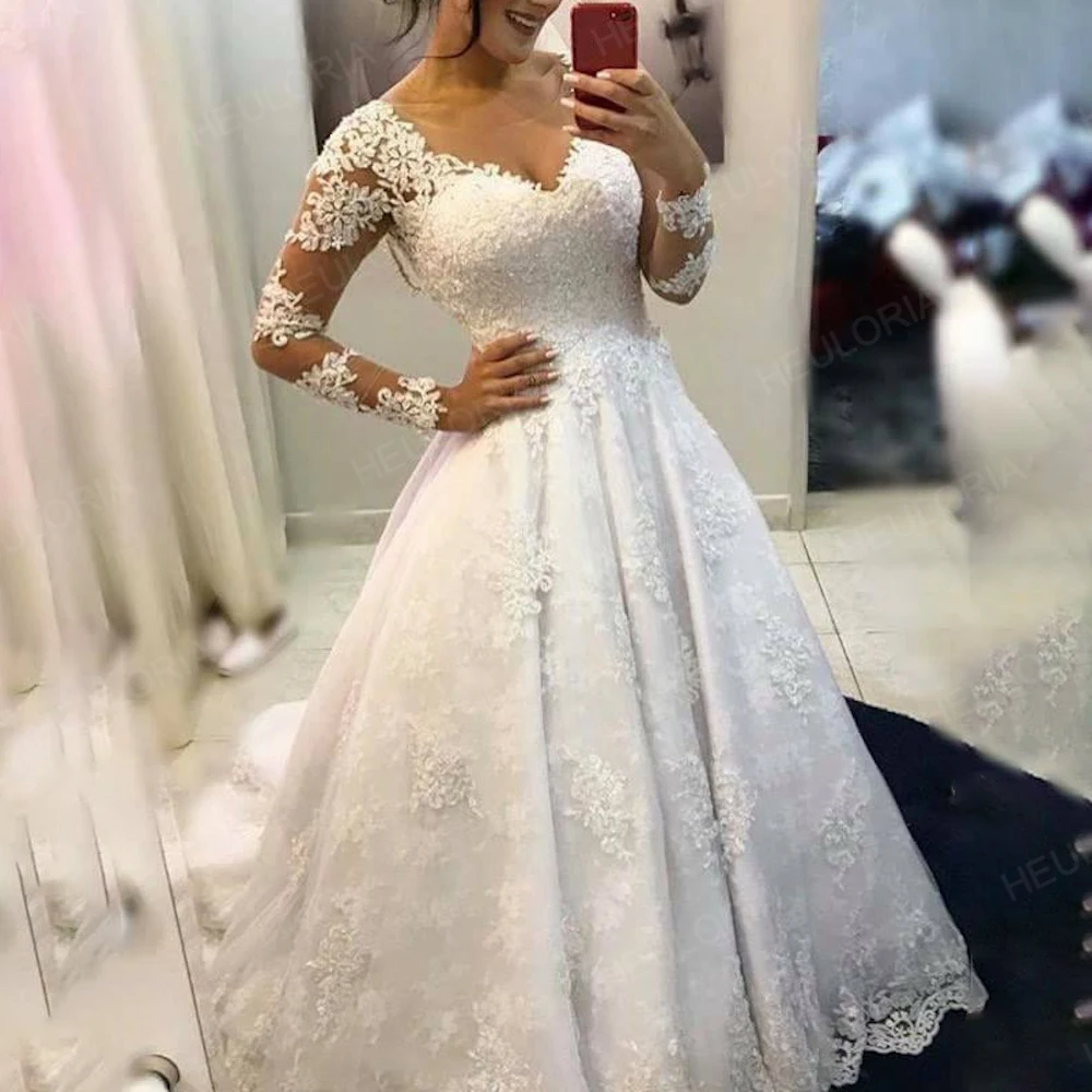 Princess Ball Gown Wedding Dress long sleeve lace applique bride wedding dress plus size robe de mariee Wedding Bridal Gown